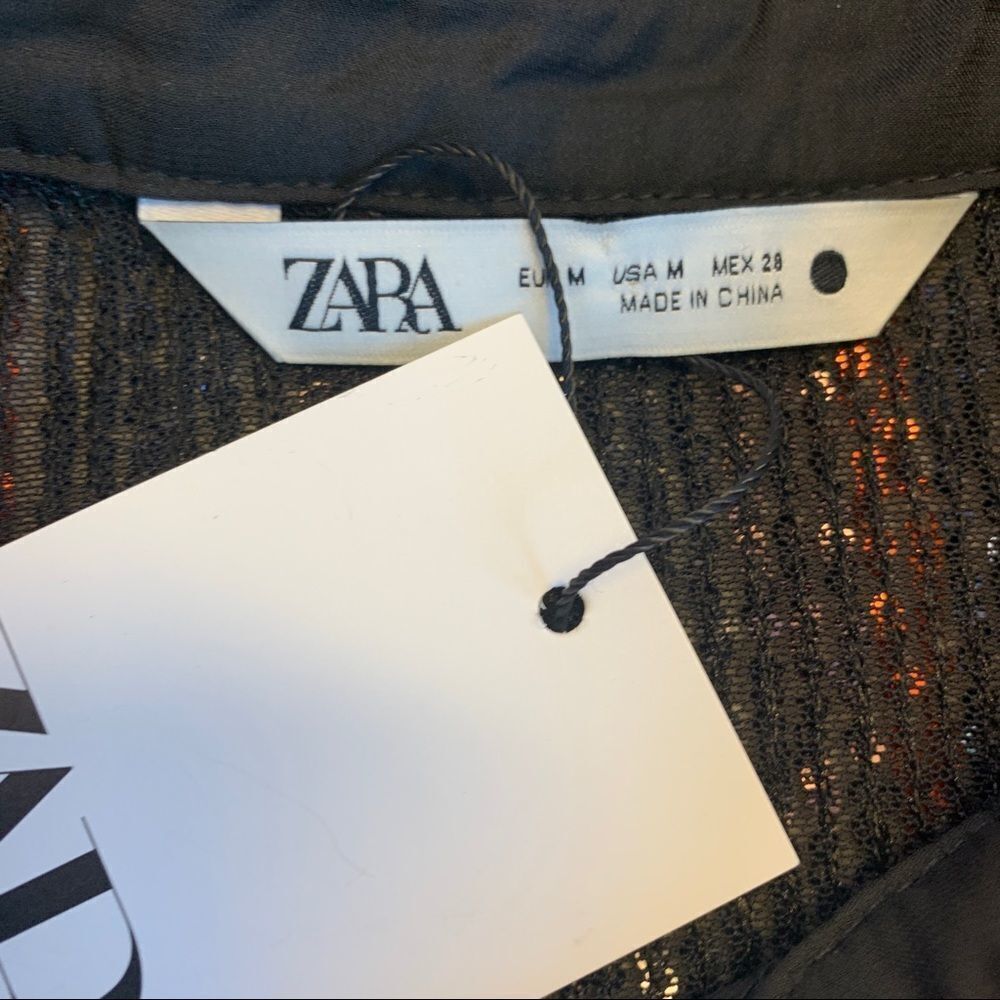 Zara black & burnt orange sequin pinstripe button-down shirt Sz M NWT - Picture 7 of 11